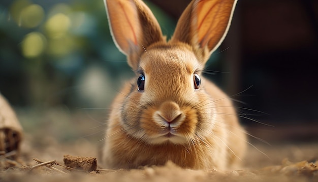 Puszysty królik siedzący w trawie i wyglądający uroczo, wygenerowany przez sztuczną inteligencję