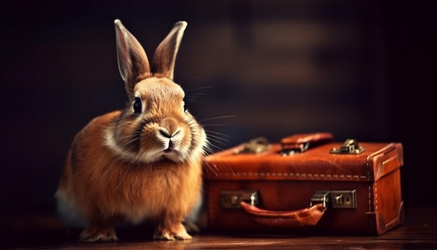 Bezpłatne zdjęcie puszysty królik siedzi w małej walizce wygenerowany przez sztuczną inteligencję