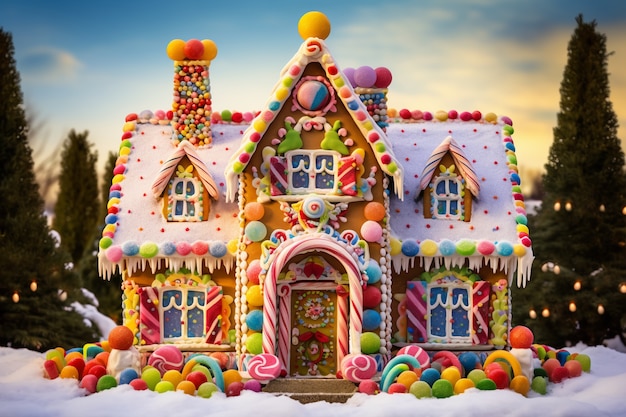 Pyszna bajkowa koncepcja domu ze słodyczami