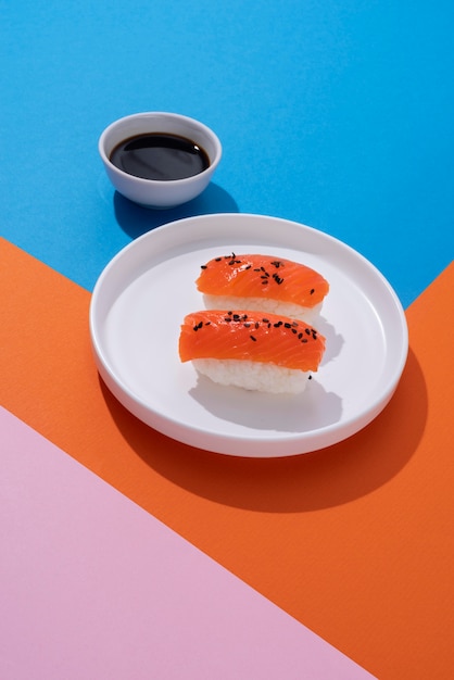 Bezpłatne zdjęcie pyszne sushi i sos sojowy pod wysokim kątem