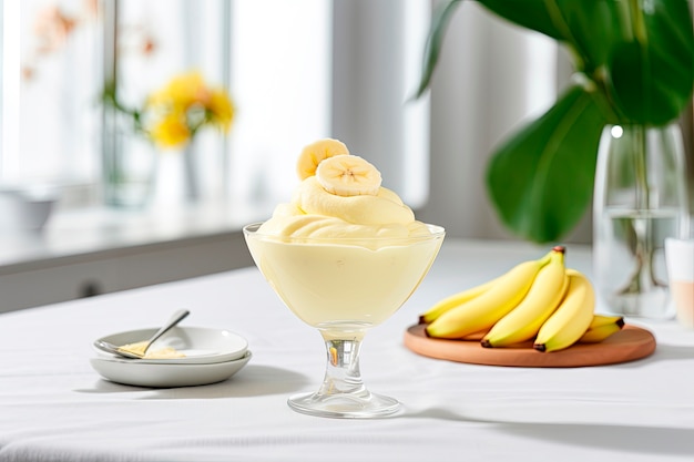 Bezpłatne zdjęcie pyszny bananowy smoothie na stole.