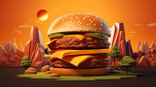 Pyszny burger 3D z górską scenerią