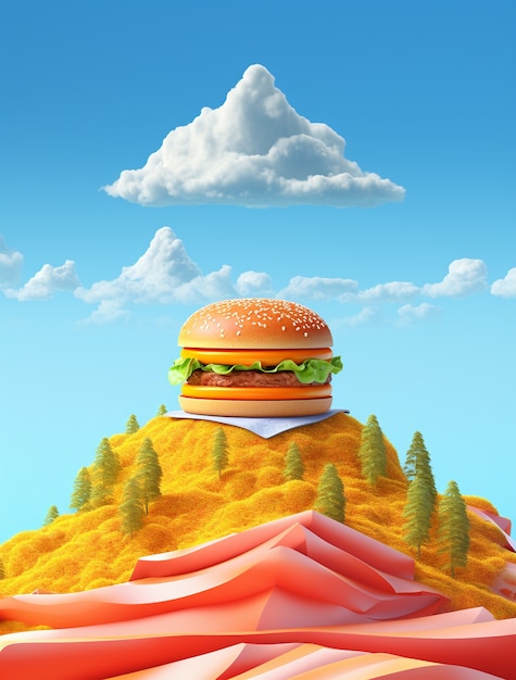 Pyszny burger 3D z górską scenerią