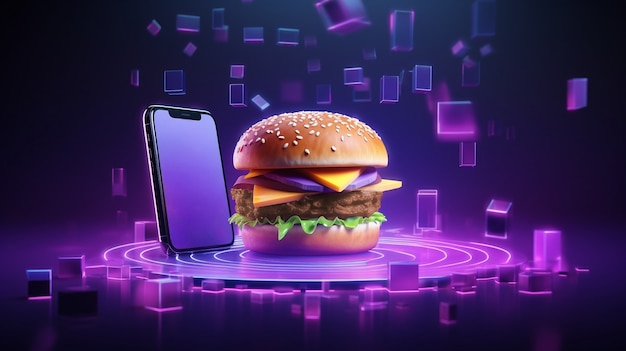 Bezpłatne zdjęcie pyszny burger 3d z nowoczesnym smartfonem