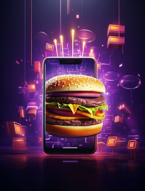 Pyszny burger 3d z nowoczesnym smartfonem