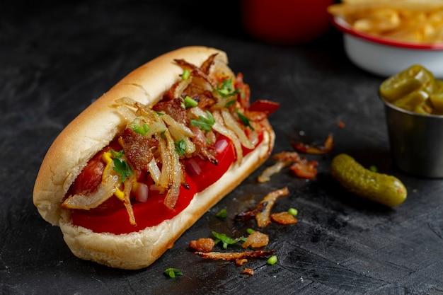 Pyszny hot dog z wysokim kątem z cebulą