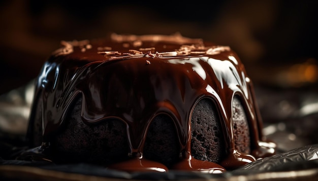Pyszny kawałek ciasta czekoladowego z kremowym lukrem wygenerowany przez sztuczną inteligencję