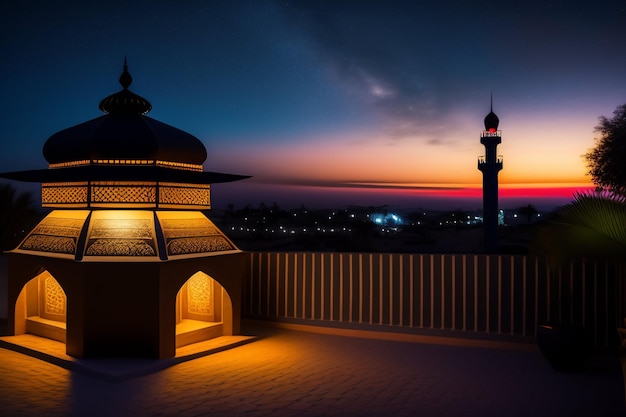 Ramadan Kareem Eid Mubarak BEZPŁATNE zdjęcie Meczet Lampa wieczorem