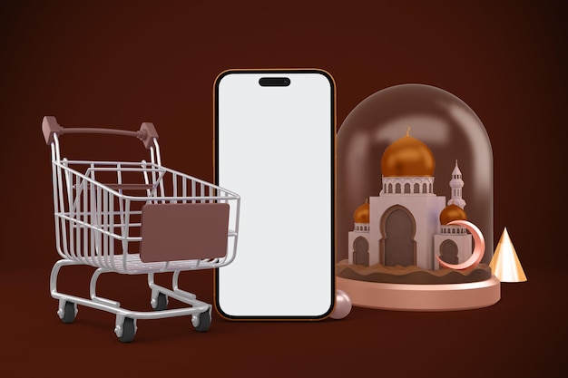 Bezpłatne zdjęcie ramadan shopping app z przednią stroną telefonu