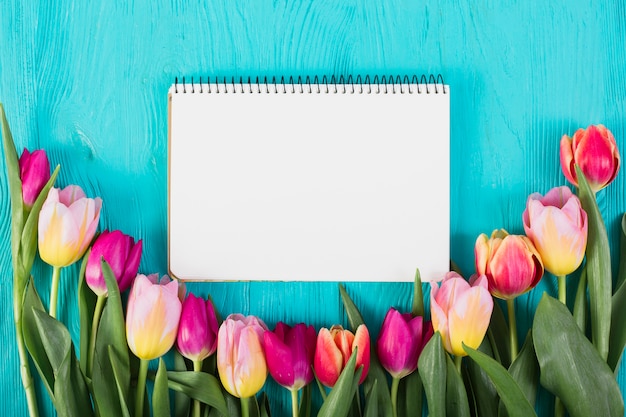 Bezpłatne zdjęcie ramowy notatnik wokoło kolorowych tulipanów