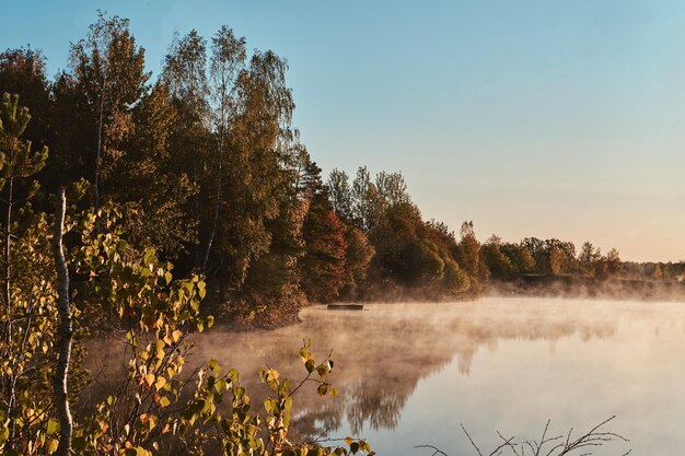 Rano spokojne jezioro z mgłą i odbiciem lasu w jasny jesienny dzień.