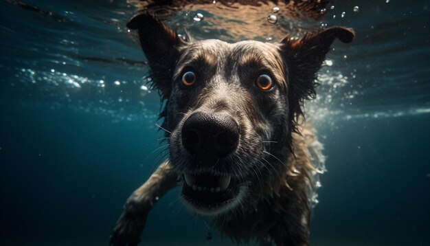 Rasowy retriever pływający pod wodą z sztuczną inteligencją generującą zabawne ryby