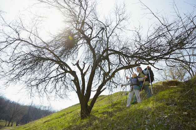 Razem osiągnęli szczyt. Starsza rodzina para mężczyzna i kobieta w strój turystyczny spaceru na zielonym trawniku w pobliżu drzew w słoneczny dzień