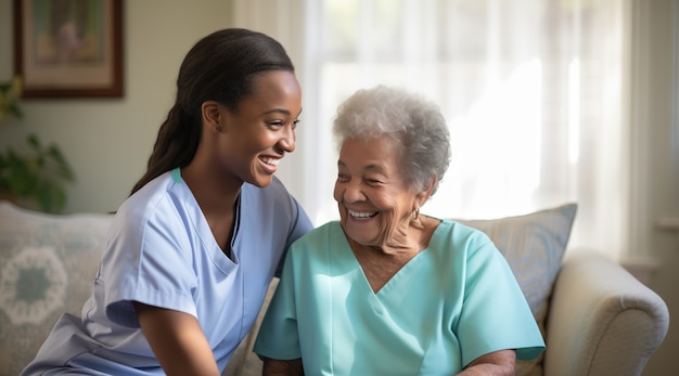 Realistyczna scena z pracownikiem zdrowia opiekującym się starszym pacjentem