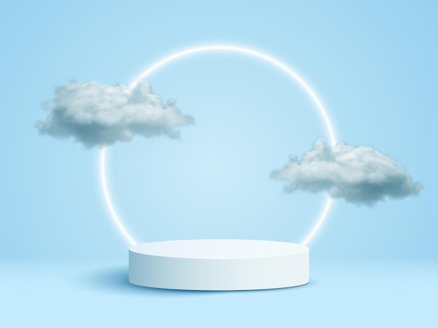 Realistyczne białe puszyste chmury i podium produktu z neonowym kółkiem na niebieskim tle. makieta do twojego projektu. ilustracja wektorowa.