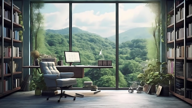 Realistyczne biuro domowe HD z widokiem na okno