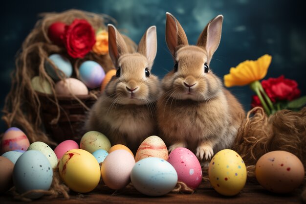 Realistyczne słodkie króliki wielkanocne z kolorowymi jajkami wielkanocnymi i kwiatami
