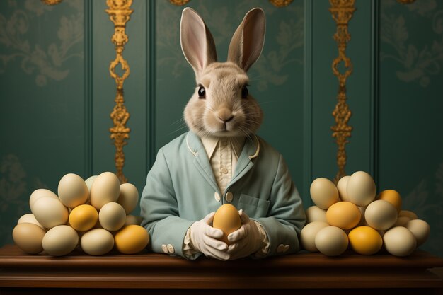 Realistyczny elegancki króliczek wielkanocny z jajkami wielkanocnymi