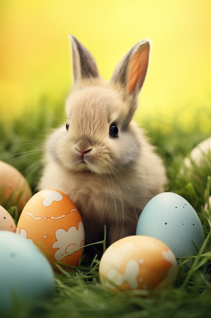 Realistyczny słodki króliczek wielkanocny z kolorowymi jajkami wielkanocnymi na trawie