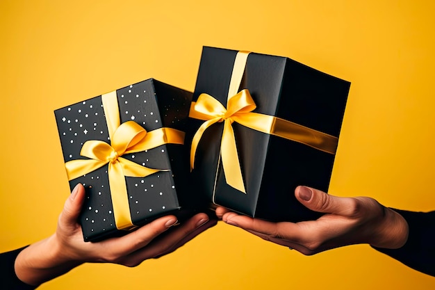 Ręce trzymające pudełka na prezent na czarny piątek na żółtym tle Koncepcja sprzedaży czarny piątek cyber poniedziałek finanse biznes pieniądze Sklepy internetowe i rachunek za płatności Copyspace dla reklamy