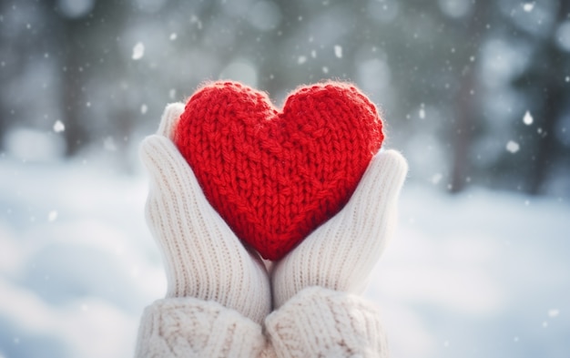 Ręce z rękawiczkami w zimie trzymające czerwone serce