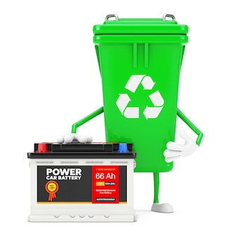 Recycle znak green garbage trash bin maskotka znaków i akumulator samochodowy 12v akumulator z streszczenie etykieta na białym tle. renderowanie 3d