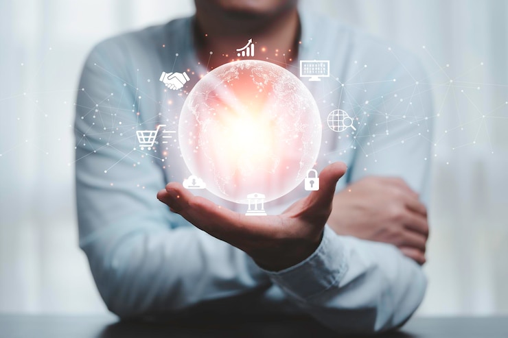 Bezpłatny plik Zdjęcie ręka mężczyzny trzymająca wirtualny świat z połączeniem internetowym dla metaverse globalny marketing biznesowy i bankowość finansowa przechodzą przez koncepcję technologii aplikacji