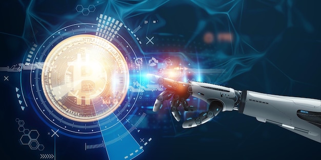 Ręka robota androida na niebieskim tle wskazuje monetę bitcoin. koncepcja przyszłości, sztuczna inteligencja, pieniądz elektroniczny, kryptowaluta. renderowania 3d, ilustracja 3d.