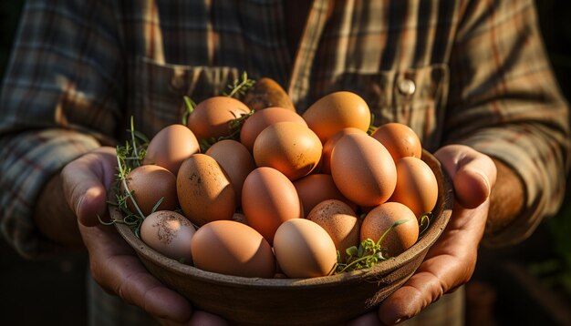 Ręka rolnika trzyma świeże organiczne jaja świętujące przyrodę wygenerowaną przez sztuczną inteligencję