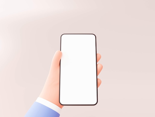 Ręka trzyma mobilny smartfon z ekranem dotykowym technologia biznesowa koncepcja 3d ilustracja kreskówka
