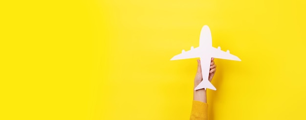 Ręka Trzymająca Samolot Na żółtym Tle, Układ Panoramiczny Premium Zdjęcia