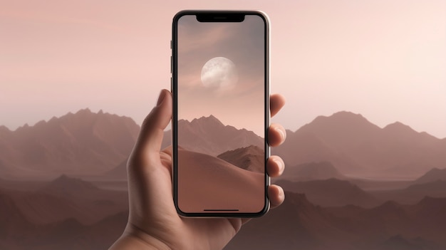 Ręka trzymająca smartfon z abstrakcyjną tapetą wychodzącą z ekranu