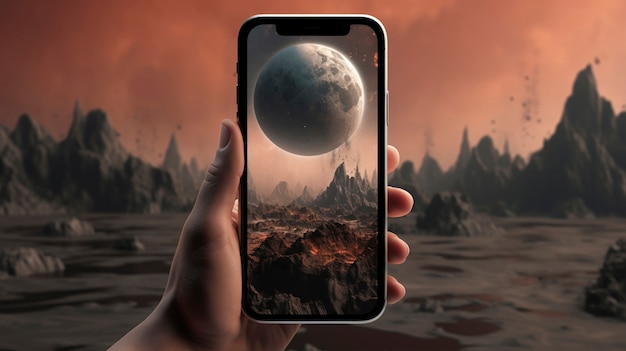 Ręka trzymająca smartfon z abstrakcyjną tapetą wychodzącą z ekranu