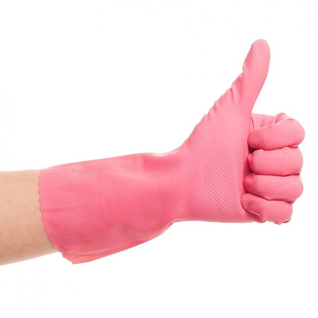 Ręka w różowej domowej rękawicy pokazuje się dobrze