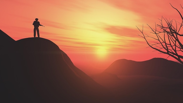 Bezpłatne zdjęcie render 3d krajobrazu z sylwetką żołnierza stojącego na straży na szczycie wzgórza na tle zachodzącego nieba