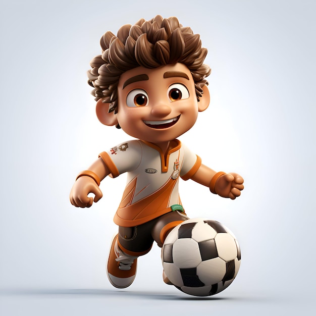 Render 3D małego chłopca grającego w piłkę nożną