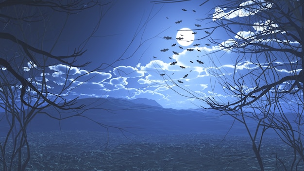 Render 3D upiornego krajobrazu Halloween z latającymi nietoperzami