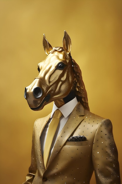 Bezpłatne zdjęcie render antropomorficzny koń ubrany w elegancki złoty strój lśniący