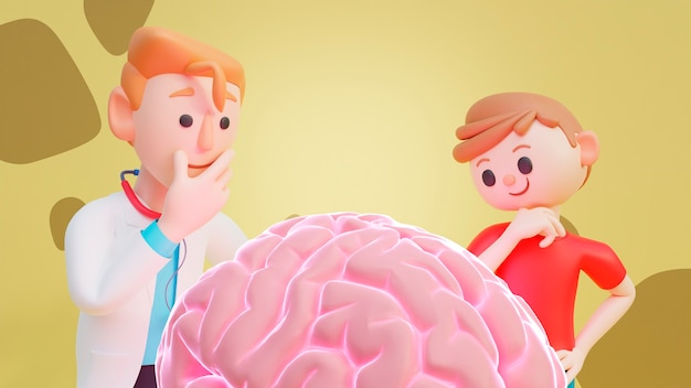 Rendering 3D ludzi patrzących na ludzki mózg