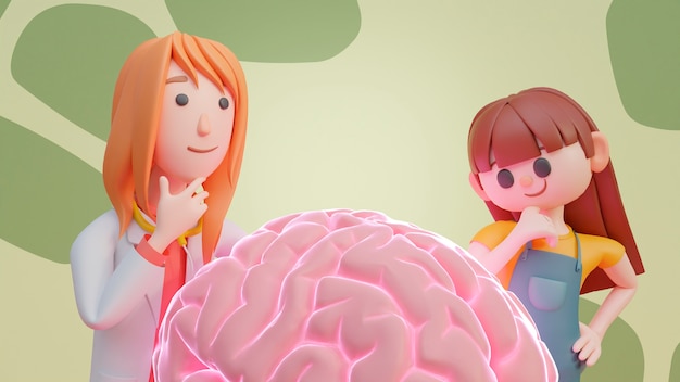 Rendering 3D ludzi patrzących na ludzki mózg