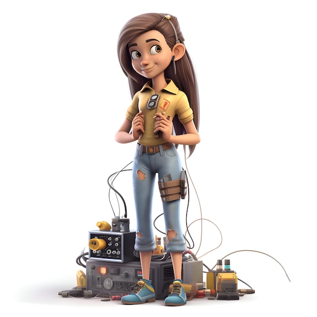 Rendering 3D uroczej dziewczyny z kreskówki z narzędziami elektryka