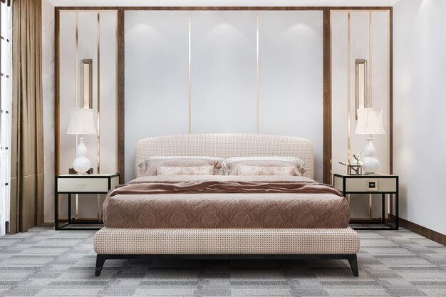 Renderowania 3D nowoczesna, luksusowa pastelowa sypialnia z wystrojem marmuru i dywanu w luksusowym hotelu