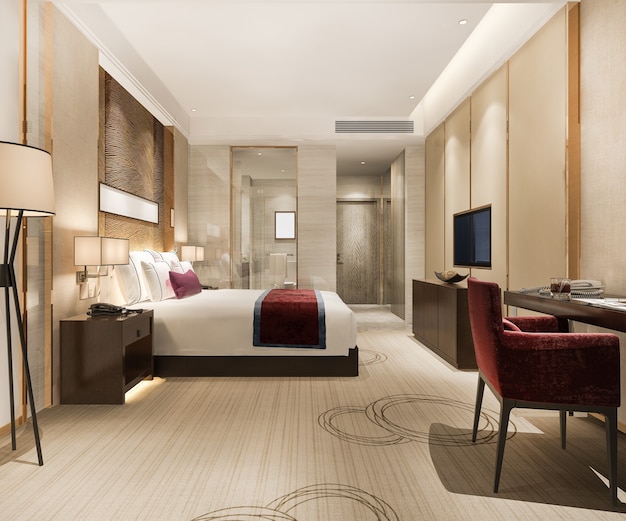 Bezpłatne zdjęcie renderowania 3d nowoczesny luksusowy apartament z sypialnią i łazienką