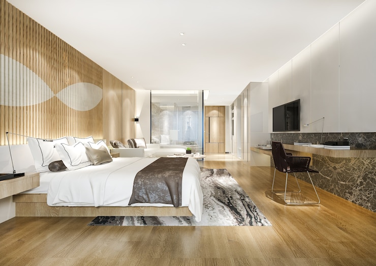 Bezpłatny plik Zdjęcie renderowania 3d nowoczesny luksusowy apartament z sypialnią i łazienką