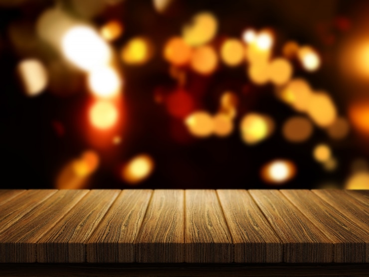 Bezpłatny plik Zdjęcie renderowania 3d z drewnianym stole z defocussed bokeh boże narodzenie światła w tle