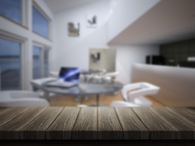 Bezpłatne zdjęcie renderowania 3d z drewnianym stole z defocussed cafe bar w tle