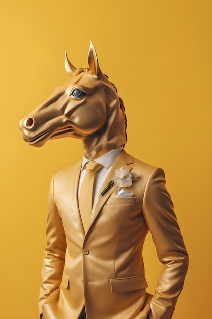 Bezpłatne zdjęcie renderowanie 3d antropomorficzny koń ubrany w elegancki złoty strój lśniący