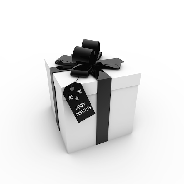 Renderowanie 3D białego pudełka z czarną wstążką i znacznikiem z tekstem „Wesołych Świąt”