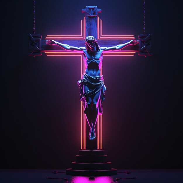 Renderowanie 3D Jezusa na neonowym krzyżu