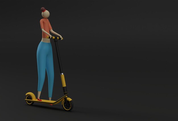 Renderowanie 3D Kobieta kreskówka jadąca na hulajnodze 3D ilustracja projektu sztuki.